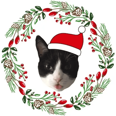 Mr. Panda's Catmas logo: Mr. Panda sticking out his tongue, wearing a Santa hat in a wreath  border